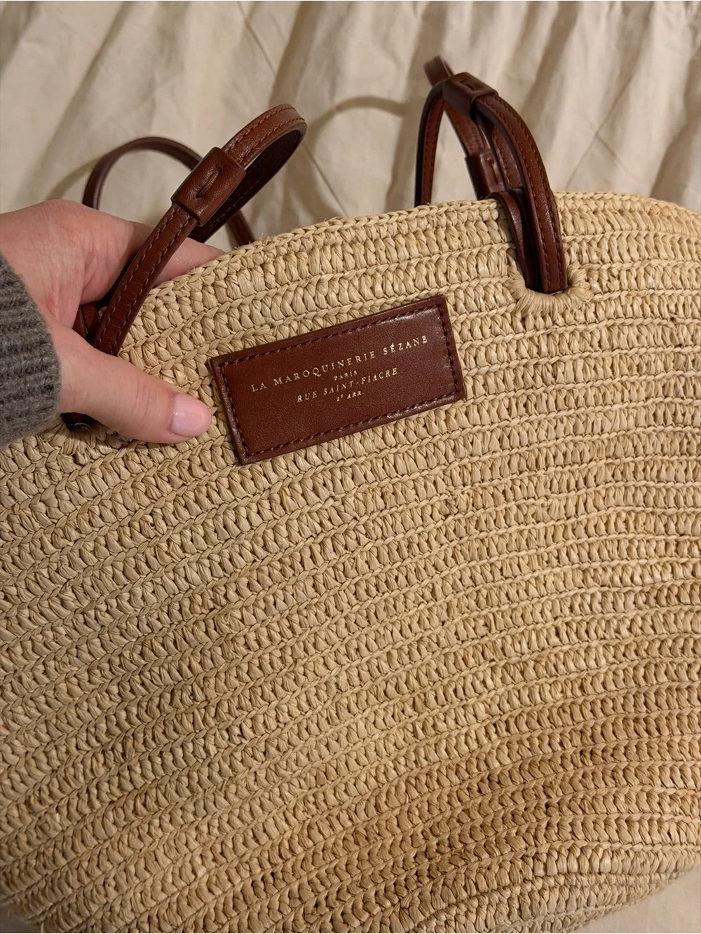 Sezane Natural Straw Tote with Brown Leather Handles - Picture 2 of 3